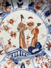 Two Chinese Imari-style plates and a dish with figural design, Kangxi