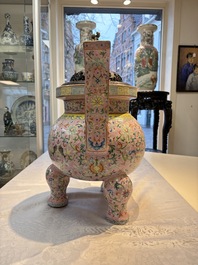 An impressive Chinese famille rose 'Bajixiang and Lotus Scroll' tripod censer with a wooden cover, Jiaqing mark and of the period