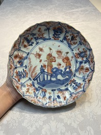 Two Chinese Imari-style plates and a dish with figural design, Kangxi