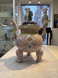 An impressive Chinese famille rose 'Bajixiang and Lotus Scroll' tripod censer with a wooden cover, Jiaqing mark and of the period