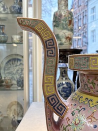 An impressive Chinese famille rose 'Bajixiang and Lotus Scroll' tripod censer with a wooden cover, Jiaqing mark and of the period