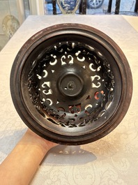 An impressive Chinese famille rose 'Bajixiang and Lotus Scroll' tripod censer with a wooden cover, Jiaqing mark and of the period