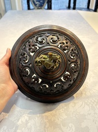 An impressive Chinese famille rose 'Bajixiang and Lotus Scroll' tripod censer with a wooden cover, Jiaqing mark and of the period