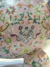 An impressive Chinese famille rose 'Bajixiang and Lotus Scroll' tripod censer with a wooden cover, Jiaqing mark and of the period