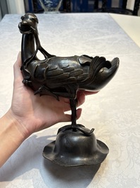 A pair of Chinese bronze duck-form censers, 17/18th C.