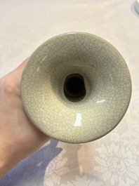 A Chinese Ge-ware archaistic 'Gu' vase, a white-glazed anhua-decorated ink stone and a yellow-ground bowl, 20th C.