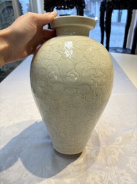 A Chinese qingbai 'Meiping' vase with incised floral design, Yuan or later
