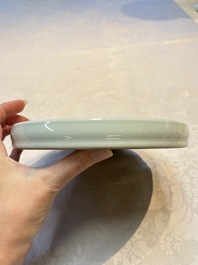 A Chinese Ge-ware archaistic 'Gu' vase, a white-glazed anhua-decorated ink stone and a yellow-ground bowl, 20th C.