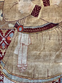 An exceptional and large embroidered silk 'Shahnameh' carpet, signed Musa Baft Tabriz, Tabriz, Iran, 20th C.