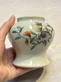 A pair of Chinese famille verte covered jars, a Tieguai Li figure, a blue and white teapot and a biscuit saucer, Kangxi and Qing Yu Tang mark, 19th C.