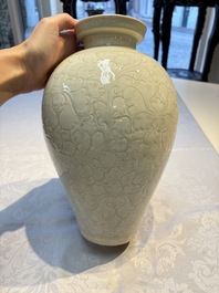 A Chinese qingbai 'Meiping' vase with incised floral design, Yuan or later