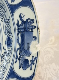 Three Chinese blue, white and Imari-style plates, Xuande and Zhi mark, Kangxi and later