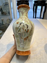 Two Chinese famille rose 'Elegant Beauties' vases, one with a Guan Yao Nei Zao 官窯內造 mark, signed Luo Su Shi 羅宿氏 and dated 1931, the other 19th C.