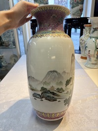 A Chinese famille rose 'Landscape' vase, Qianlong mark, 20th C.