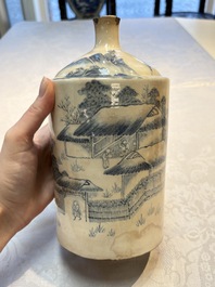 A Japanese blue and white Arita square flask and a Tangen-style bottle, 'Tokkuri', 19/20th C.