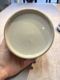 A Chinese blue and white square bitong, a 'Dragon' censer, a covered box, a vase and a paperweight, Guangxu mark, 18/19th C.