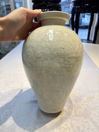 A Chinese qingbai 'Meiping' vase with incised floral design, Yuan or later