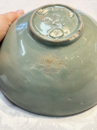 A fine Korean celadon moulded 'Peony Scroll' bowl with a wooden box, Goryeo, 13th C.