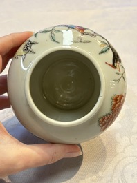 A pair of Chinese famille verte covered jars, a Tieguai Li figure, a blue and white teapot and a biscuit saucer, Kangxi and Qing Yu Tang mark, 19th C.