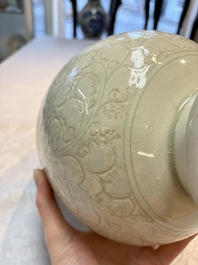 A Chinese qingbai 'Meiping' vase with incised floral design, Yuan or later