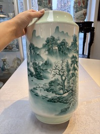 A fine Chinese green-enamelled vase with landscape design, Hui Yuan Tang Zhi 慧遠堂製 mark, dated 1943