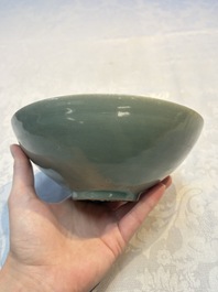 A fine Korean celadon moulded 'Peony Scroll' bowl with a wooden box, Goryeo, 13th C.