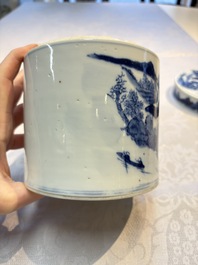 A Chinese blue and white square bitong, a 'Dragon' censer, a covered box, a vase and a paperweight, Guangxu mark, 18/19th C.