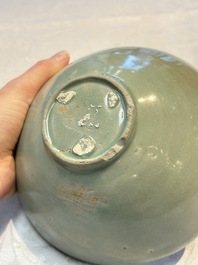 A fine Korean celadon moulded 'Peony Scroll' bowl with a wooden box, Goryeo, 13th C.