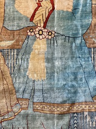 An exceptional and large embroidered silk 'Shahnameh' carpet, signed Musa Baft Tabriz, Tabriz, Iran, 20th C.