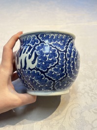 A Chinese blue and white square bitong, a 'Dragon' censer, a covered box, a vase and a paperweight, Guangxu mark, 18/19th C.