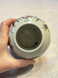 A pair of Chinese famille verte covered jars, a Tieguai Li figure, a blue and white teapot and a biscuit saucer, Kangxi and Qing Yu Tang mark, 19th C.