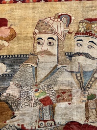 An exceptional and large embroidered silk 'Shahnameh' carpet, signed Musa Baft Tabriz, Tabriz, Iran, 20th C.