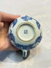 A pair of Chinese famille verte covered jars, a Tieguai Li figure, a blue and white teapot and a biscuit saucer, Kangxi and Qing Yu Tang mark, 19th C.