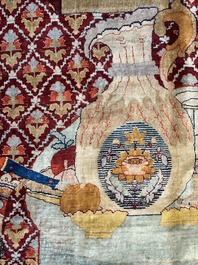 An exceptional and large embroidered silk 'Shahnameh' carpet, signed Musa Baft Tabriz, Tabriz, Iran, 20th C.