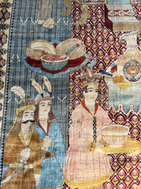 An exceptional and large embroidered silk 'Shahnameh' carpet, signed Musa Baft Tabriz, Tabriz, Iran, 20th C.