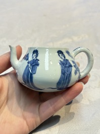 A pair of Chinese famille verte covered jars, a Tieguai Li figure, a blue and white teapot and a biscuit saucer, Kangxi and Qing Yu Tang mark, 19th C.