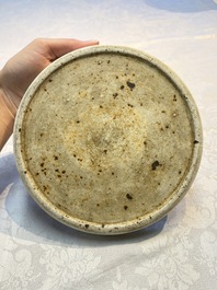 A Chinese Ge-ware archaistic 'Gu' vase, a white-glazed anhua-decorated ink stone and a yellow-ground bowl, 20th C.