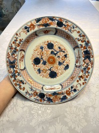Three Chinese blue, white and Imari-style plates, Xuande and Zhi mark, Kangxi and later