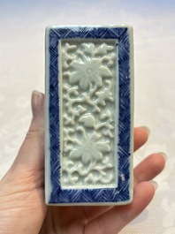 A Chinese blue and white square bitong, a 'Dragon' censer, a covered box, a vase and a paperweight, Guangxu mark, 18/19th C.