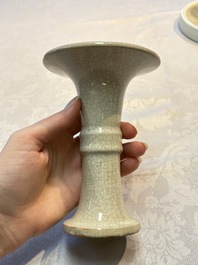 A Chinese Ge-ware archaistic 'Gu' vase, a white-glazed anhua-decorated ink stone and a yellow-ground bowl, 20th C.