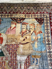 An exceptional and large embroidered silk 'Shahnameh' carpet, signed Musa Baft Tabriz, Tabriz, Iran, 20th C.