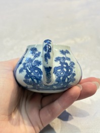 A pair of Chinese famille verte covered jars, a Tieguai Li figure, a blue and white teapot and a biscuit saucer, Kangxi and Qing Yu Tang mark, 19th C.