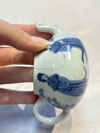 A pair of Chinese famille verte covered jars, a Tieguai Li figure, a blue and white teapot and a biscuit saucer, Kangxi and Qing Yu Tang mark, 19th C.