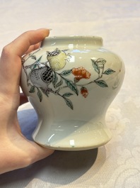 A pair of Chinese famille verte covered jars, a Tieguai Li figure, a blue and white teapot and a biscuit saucer, Kangxi and Qing Yu Tang mark, 19th C.
