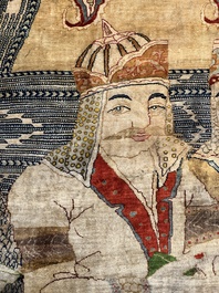 An exceptional and large embroidered silk 'Shahnameh' carpet, signed Musa Baft Tabriz, Tabriz, Iran, 20th C.