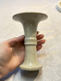 A Chinese Ge-ware archaistic 'Gu' vase, a white-glazed anhua-decorated ink stone and a yellow-ground bowl, 20th C.