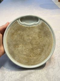 A Chinese Ge-ware archaistic 'Gu' vase, a white-glazed anhua-decorated ink stone and a yellow-ground bowl, 20th C.