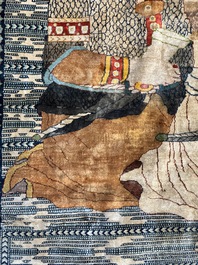 An exceptional and large embroidered silk 'Shahnameh' carpet, signed Musa Baft Tabriz, Tabriz, Iran, 20th C.