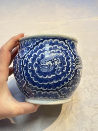 A Chinese blue and white square bitong, a 'Dragon' censer, a covered box, a vase and a paperweight, Guangxu mark, 18/19th C.