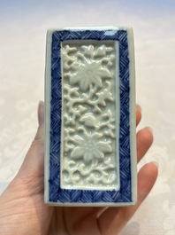 A Chinese blue and white square bitong, a 'Dragon' censer, a covered box, a vase and a paperweight, Guangxu mark, 18/19th C.